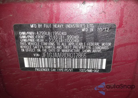 2013 Subaru Impreza 2.0I z USA, uszkodzony, nr VIN JF1GJAA68DH012866